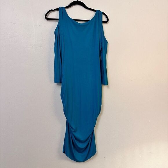 Venus Cinched Cold Shoulder Midi Dress Scoop Neck Quarter Sleeve Teal Large - Picture 2 of 3